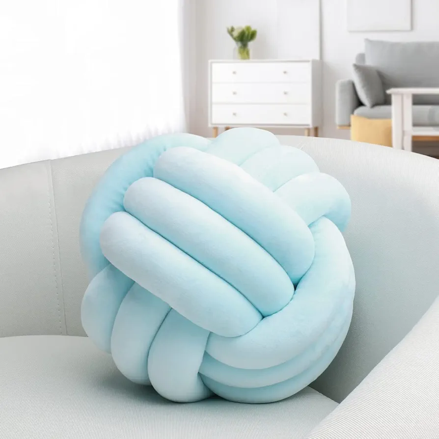 XHJRI Soft Knot Ball Pillows， Round Ball Cushion Pillows, Kids Room Decoration Plush Pillow Girl Photography Props， Throw Knotted Pillow Handmade (Light Blue, 8.6 Inch)