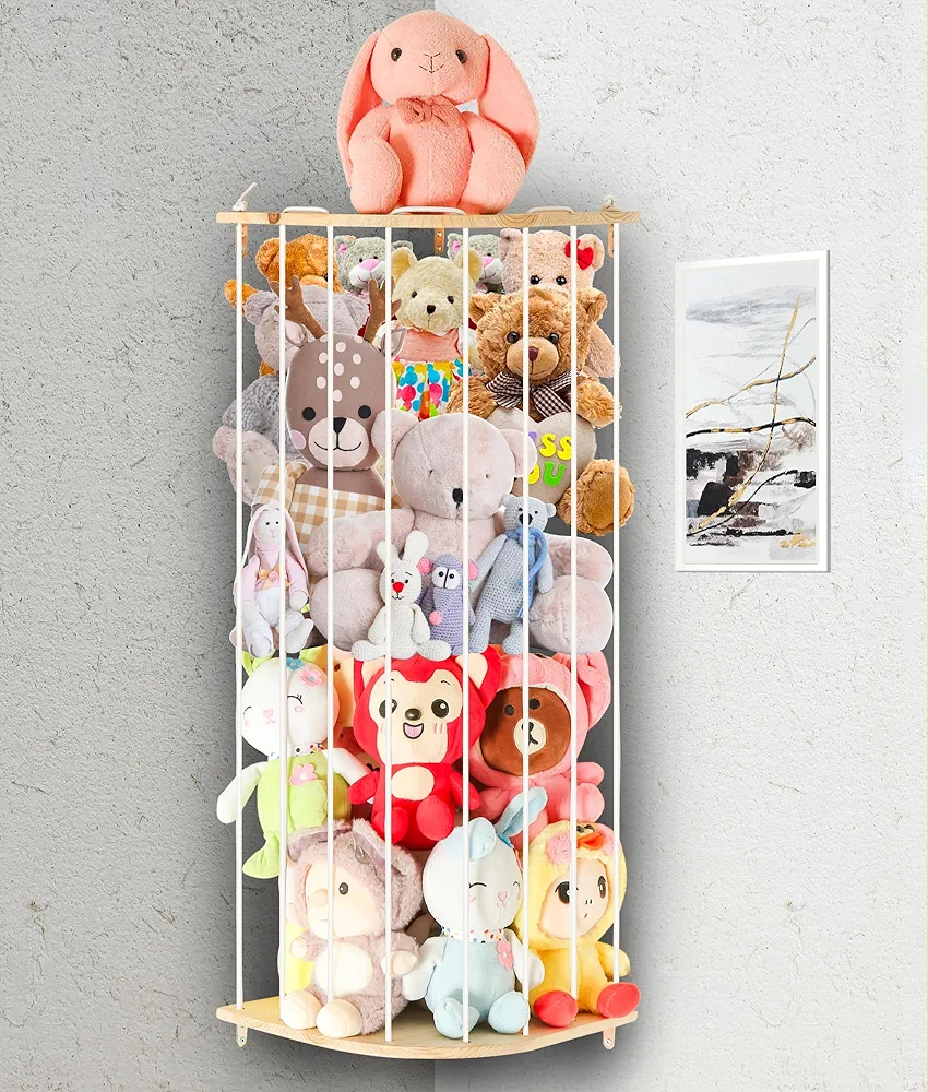 Stuffed Animal Storage Wood Toy Organizer,Corner Toy Storage Holder Length Adjustable,Large Plush Toys Holder for Kids Room Nursery Play Room Bedroom (Natural)