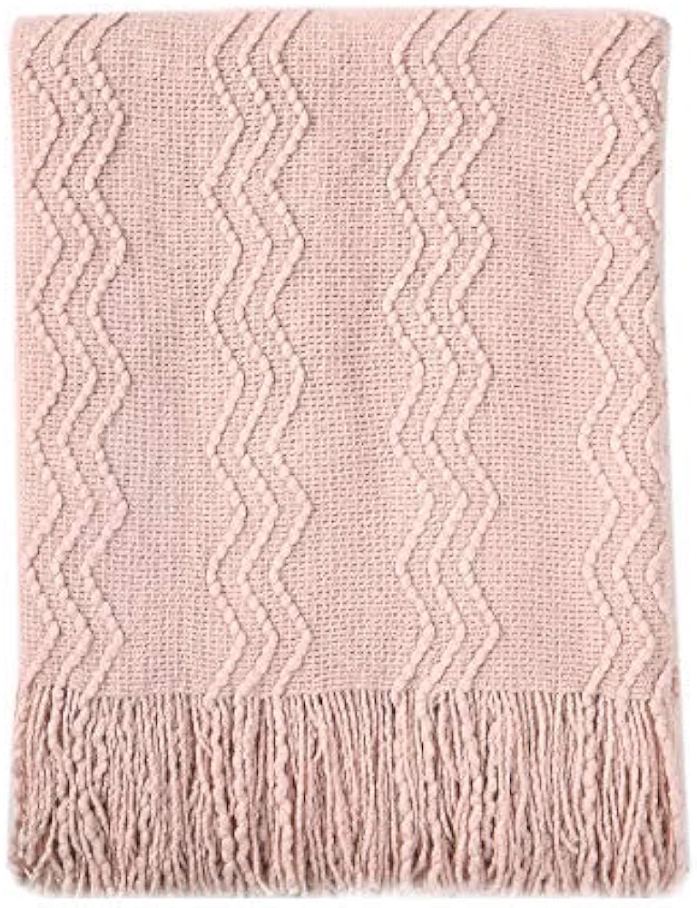 BOURINA Throw Blanket Textured Solid Soft Sofa Throw Couch Cover Knitted Decorative Blanket, 50" x 60" Pink