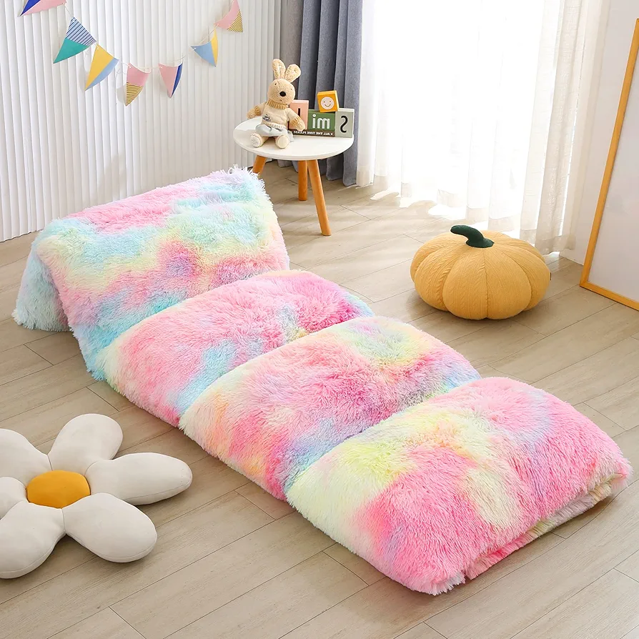 Mengersi Velvet Floor Pillows,Faux Fur Tie Dye Pillow Bed Floor Lounger Cover,Sleeping Mat for Girls Teen Toddler,Pillow Lounger for Reading Playing Games Party,Requires 5 Pillows(Queen,Pink)