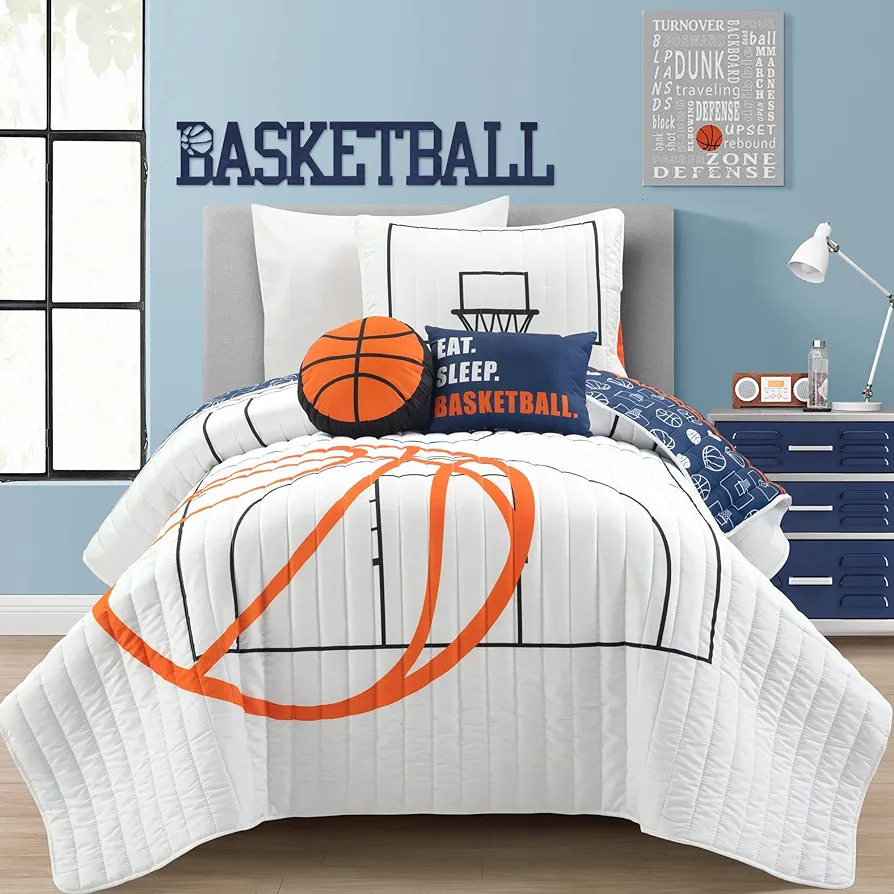 Lush Decor Basketball Game Reversible Quilt Set, 4 Piece Set, Twin, White & Navy - Soft Kids Bedding Set - Basketball Decor - Sports Quilt - Kids Bedroom Décor