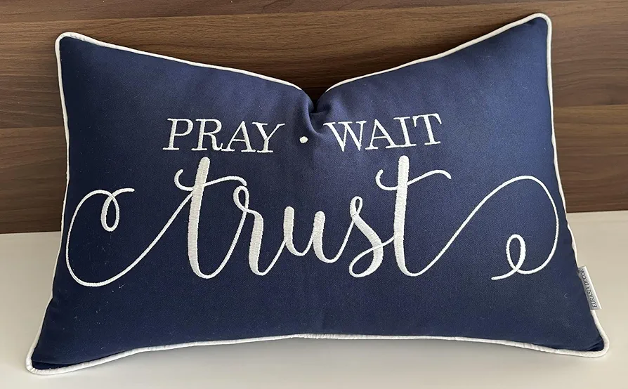 Pray Wait Trust Embroidered Decorative Lumbar Accent Throw Pillow Cover - Bedroom, Living Room, Couch, New Home Decor - 12x20 Inches, Navy Blue