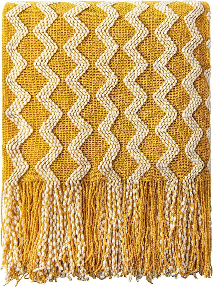 NTBAY Acrylic Knitted Throw Blanket, Lightweight and Soft Cozy Decorative Woven Blanket with Tassels for Travel, Couch, Bed, Sofa, 51x67 Inches, Mustard Yellow Wave