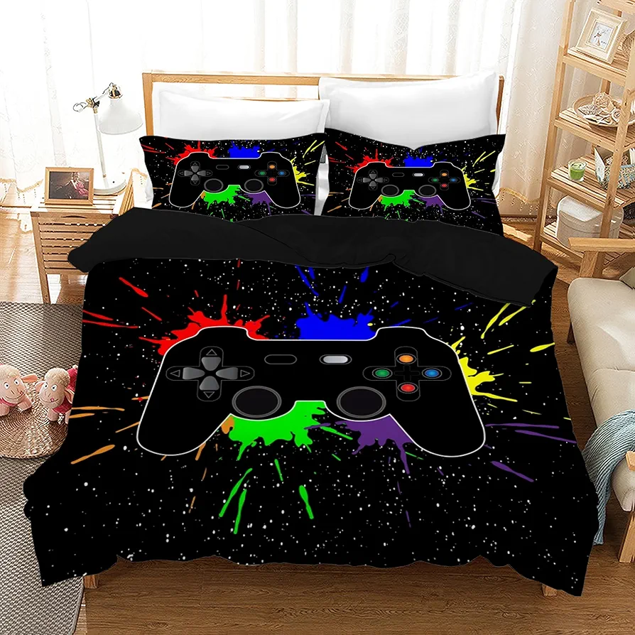 Teens Gamer Duvet Cover Modern Gamepad Comforter Cover for Kids Boys Children Video Game Bedding Set Player Gaming Comforter Cover Breathable Decorative Room (Black, Queen)