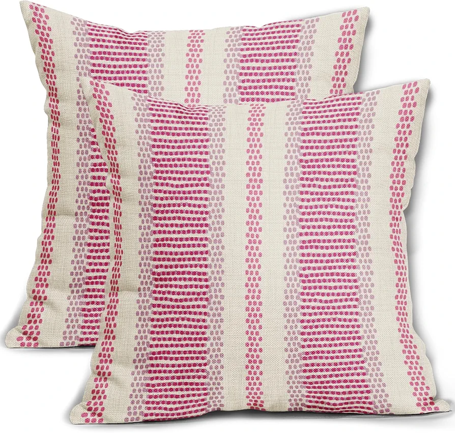 Hot Pink Pillow Covers 18x18 Set of 2 Light Pink Preppy Room Decor Outdoor Pillowcases Farmhouse Boho Rustic Dot Print Striped Decorative Throw Cushion Case Decor for Couch Sofa Bed