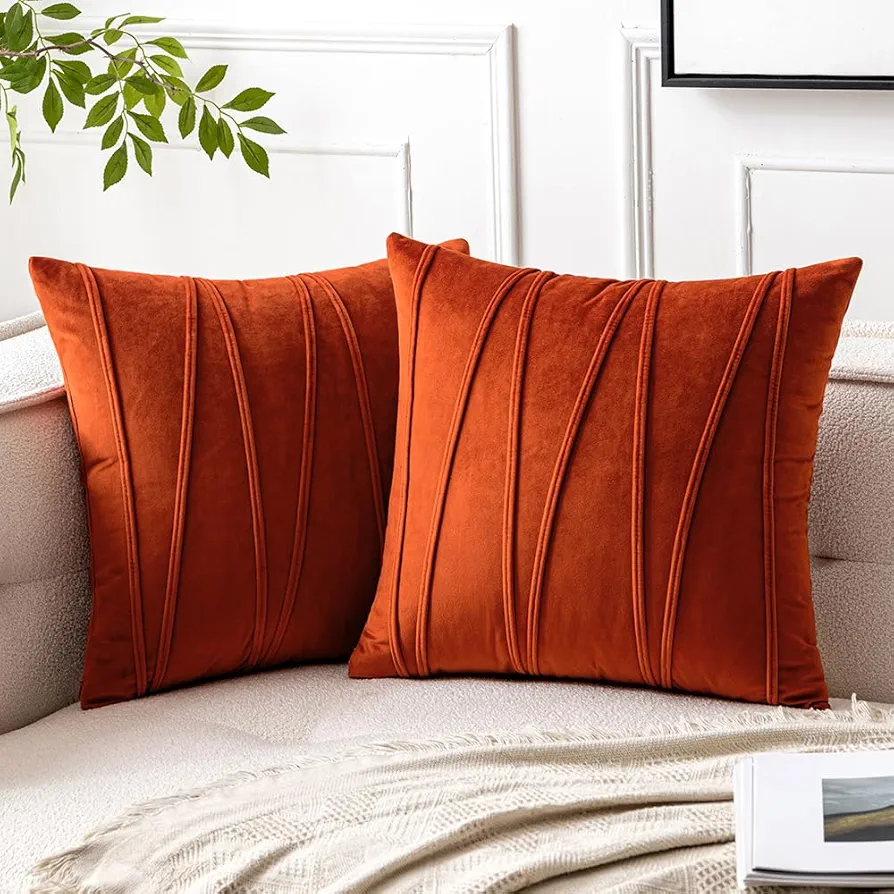 Woaboy Pack of 2 Burnt Orange Throw Pillow Covers Striped VelvetModern Decorative Couch Throws Square Soft Cozy Pillowcases for Bed Sofa Cushion Living Room 18x18 Inch