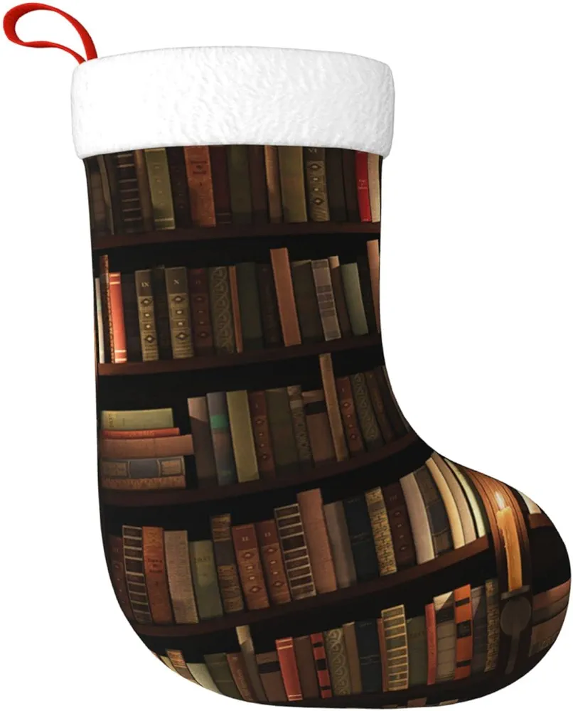 Book Room Library Print Christmas Stockings Fireplace Christmas Tree Hanging Decor Plush Cuffs Christmas Hanging Socks,1 Pack 17.7 in