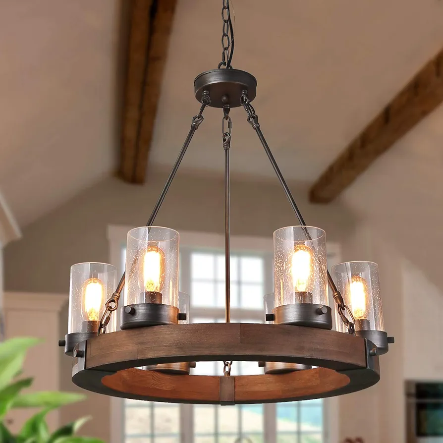 Farmhouse Wood Chandelier, Round Wagon Wheel Light Fixture with Seeded Glass Shades for Dining Room, Living Room, Bedroom, Kitchen Island and Foyer