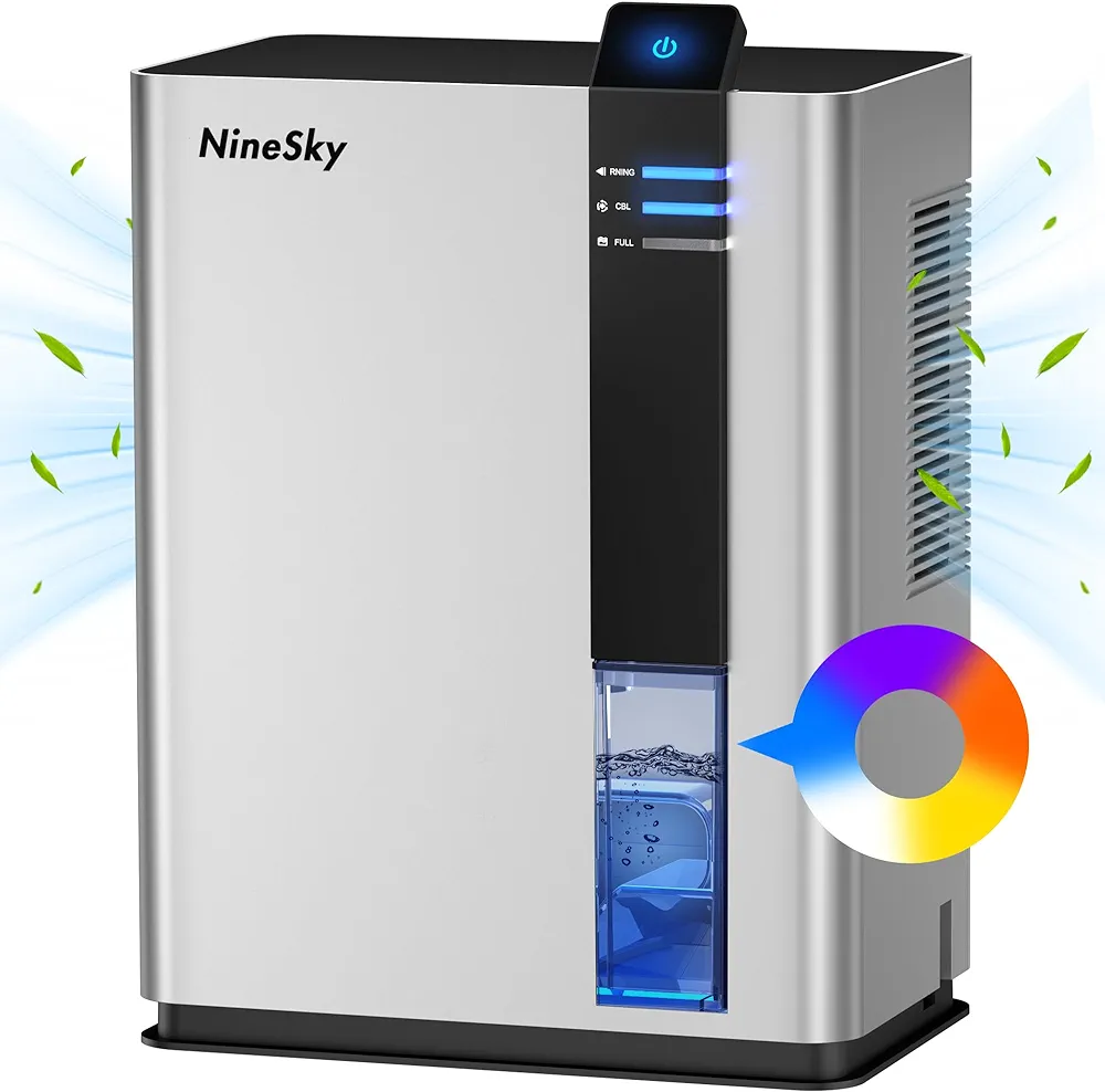 NineSky Dehumidifier, 98 OZ Dehumidifier for Home, (800 sq. ft.) Dehumidifiers for Bathroom, Bedroom with Auto Shut Off, 5 Colors LED Light(H2 Silver)