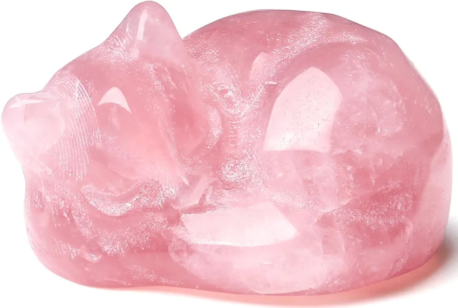 QINJIEJIE Rose Quartz Cat Decor Pink Gift Crystals Sleeping Cat Statue Stone Figurine Carved Polished Gemstones Decors Office Room Home Desk Lucky Healing Valentines Decoration for Women Cat Lover