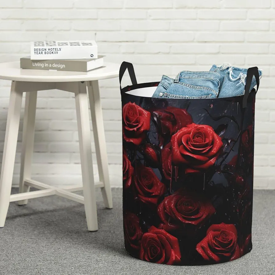 Large Laundry Hamper Freestanding Red Rose Photo Laundry Basket Collapsible Waterproof Clothes Hamper Storage Basket Dirty Clothes in Living Room Bathroom Bedroom