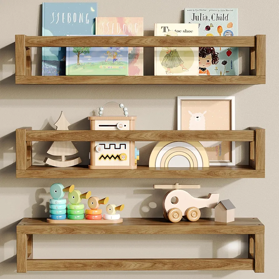 Thickened Floating Shelves for Wall - Nursery Bookshelf, Versatile Wall-Mounted Kids Book Shelf for Room Decor, Ideal for Books, Toys, Spice Rack - Natural Walnut Brown