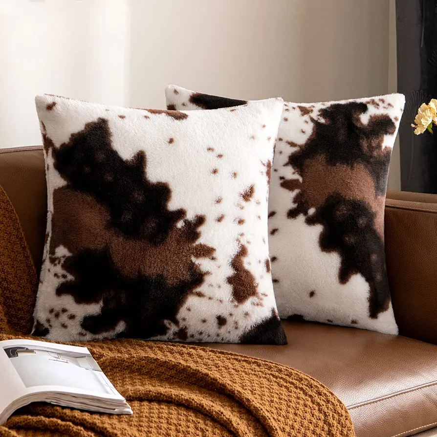 Woaboy Pack of 2 Luxury Faux Fur Throw Pillow Covers Cowhide Decorative Soft Fluffy Plush Couch Throws Brindle Cushion Covers for Couch Living Room Sofa Bedroom 18x18 Inch