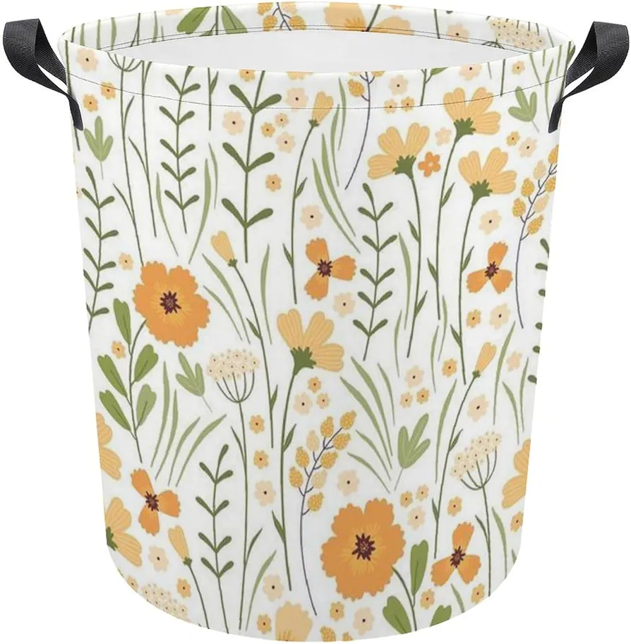 Orange Wildflowers Laundry Basket Foldable Laundry Hamper Clothes Storage Organizer Gift Bin for Living Room Gamer Room Decor