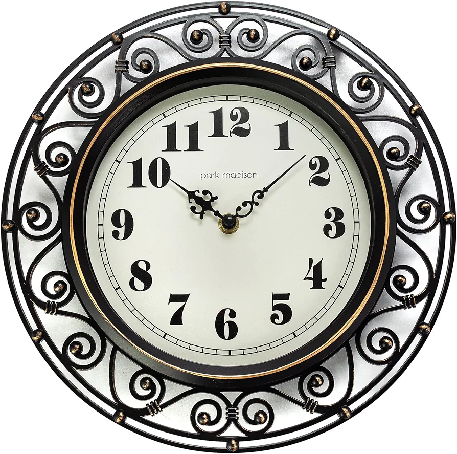 Decorative Iron Style Wall Clock 12 Inch Silent Battery Operated Vintage Elegant Retro Clocks for Living Room Decor, Kitchen Office Dining Room Bedroom School Classroom (13736)