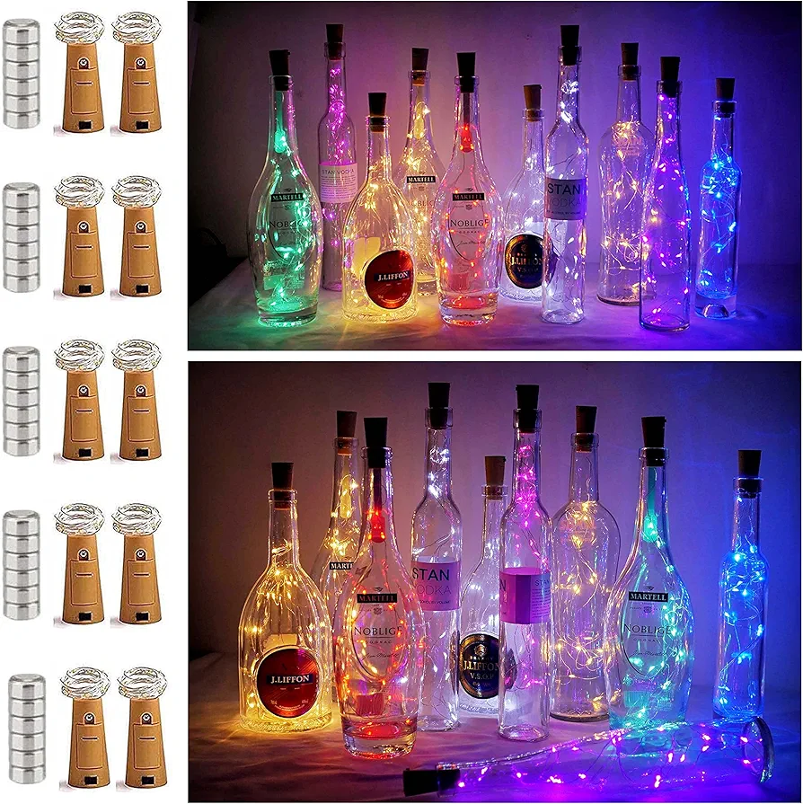 10 Pack 20 LED Wine Bottle Cork Lights Mini Fairy String Lights Copper Wire, Battery Operated Starry Lights for DIY, Festival, Wedding, Party, Indoor, Outdoor Decoration (Multi-colored)