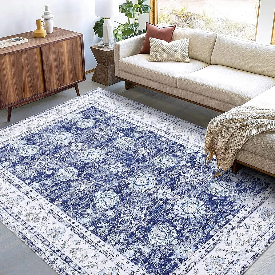 Vintage Washable Area Rug 8x10 Bohemian Washable Rug Soft Low Pile Non Slip Rugs for Living Room Bedroom Dining Room Floral Carpet for Home Decor Area Rug