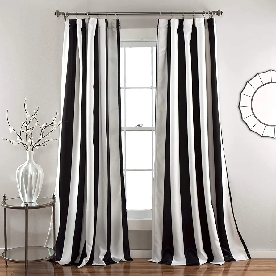 Lush Decor, Black Wilbur Stripe Light Filtering Window Curtain Panel Pair, 95" x 52", 52" W x 95" L