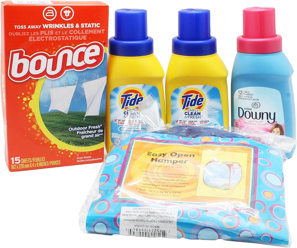 Dorm Room Laundry Kit with Tide Laundry Liquid Detergent, Downy Softener, Dryer Sheets & Bonus Hamper