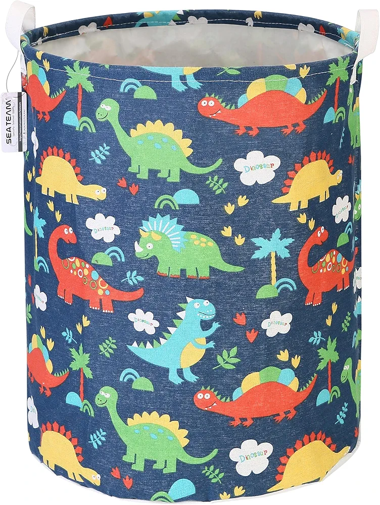 Sea Team 19.7 Inch Large Sized Waterproof Coating Ramie Cotton Fabric Folding Laundry Hamper Bucket Cylindric Burlap Canvas Storage Basket with Dinosaur Colorful Design