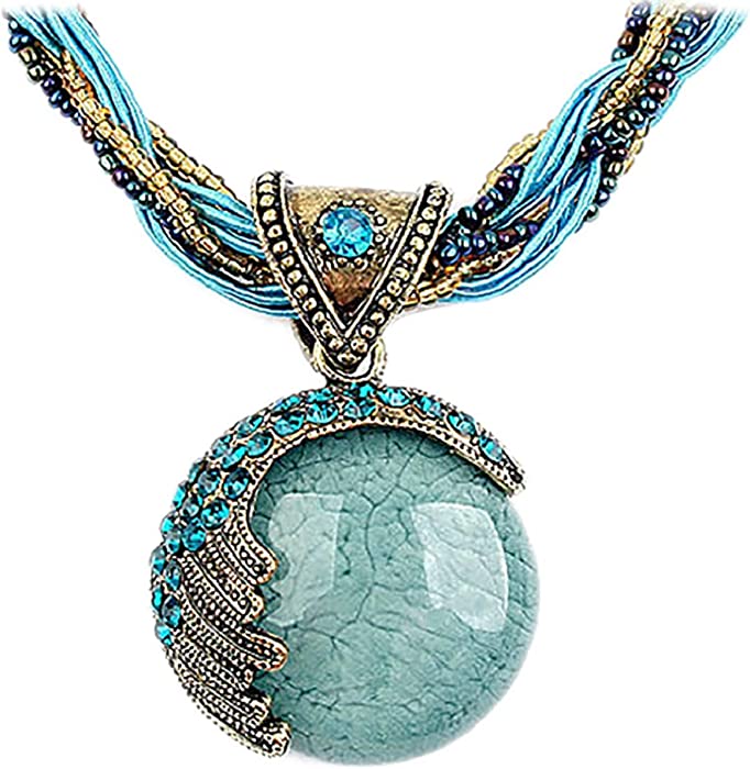 Harlorki Women Lady Retro Vintage Bohemian Style Turquoise Rhinestone Pendant Collar Chain Necklace Fashion Jewelry