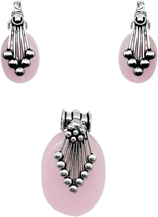 Beautiful Indian Women Silver Plated Pink Stone Brass Pendant with Tops Earrings Combo Jewelery Gift