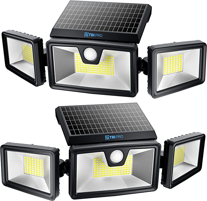 TBI Security Solar Lights Outdoor 216 LED 2200LM, 6500K - Extra-Wide Adjustable 360° 3 Heads with 3 Modes,Wireless Motion Sensor 40ft - Waterproof IP65 Spot Flood Lights Solar Powered 2200mah(2 Pack)