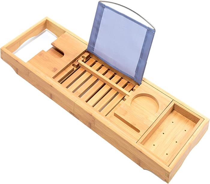 Bamboo Bathtub Trays Bath Table Expandable Luxury Caddy Tray with Extending Sides, Cellphone,Book,Tray and Wineglass Holder- Gift Idea for Loved Ones