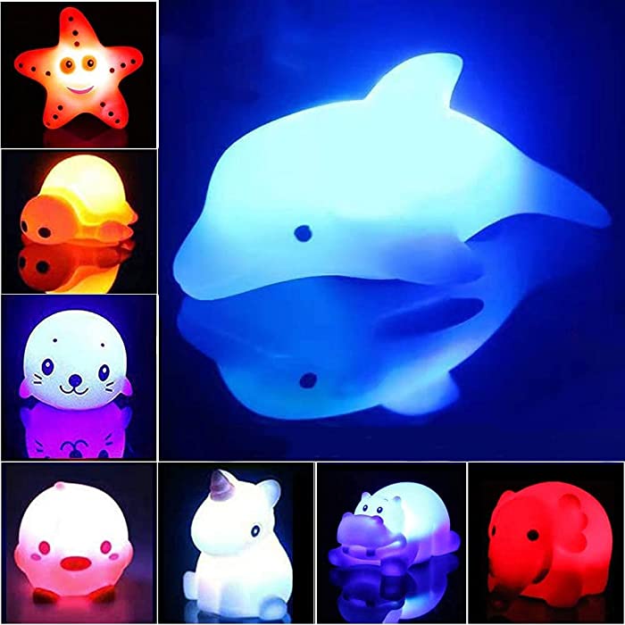 Bath Toys, 8 Packs Light-Up Floating Pool Fun Unicorn Dolphin Toys, 7 Color Flashing Bathtub Water Toys for Baby Toddlers Kids Infants Boys Girls Animal Toy Set Colorful