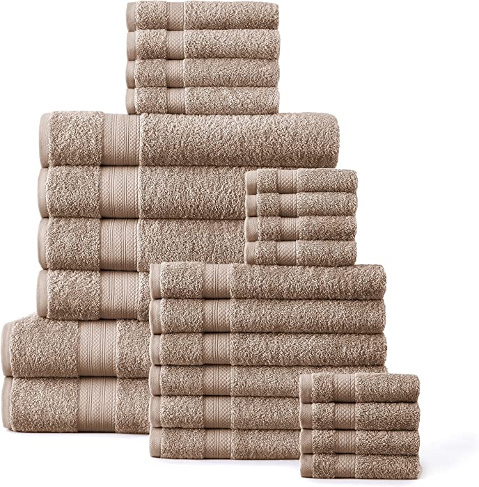 Bath Towels Set for Bathroom -100% Cotton 24 PC Towels Set, Soft & Absorbent, 2 Bath Sheets, 4 Bath Towels, 6 Hand Towels, 8 Washcloths and 4 Tip Towels-, Towels for Bathroom Set (Taupe)