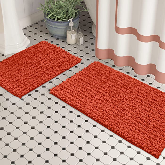 Zebrux Non Slip Thick Shaggy Chenille Bathroom Rugs, Bath Mats for Bathroom Extra Soft and Absorbent - Striped Bath Rugs Set for Indoor/Kitchen (Burnt Orange/Coral)