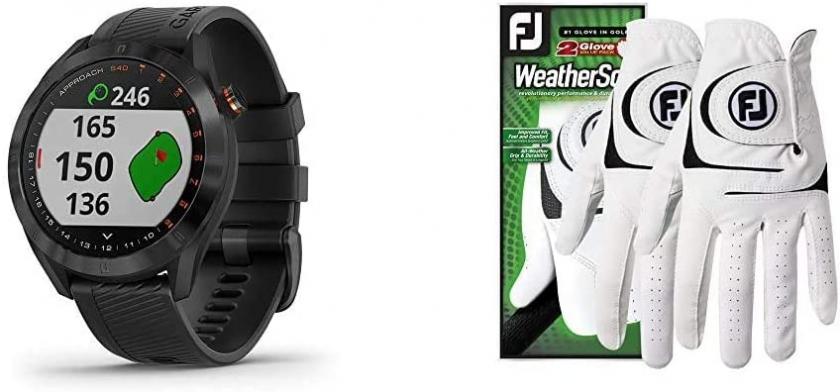 Garmin Approach S40, Stylish GPS Golf Smartwatch, Lightweight with Touchscreen Display, Black Stainless with Black Band & Footjoy Men's WeatherSof 2-Pack Golf Glove White Large, Worn on Left Hand