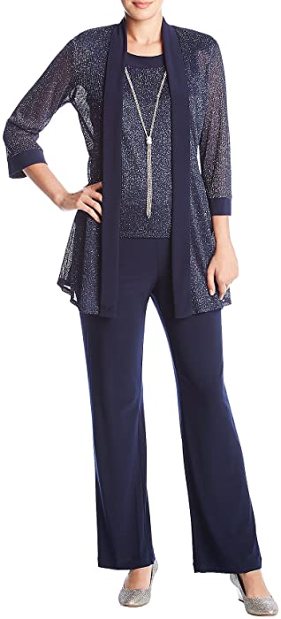 R&M Richards Women's Two Piece Metalic Rib Pant Set Missy