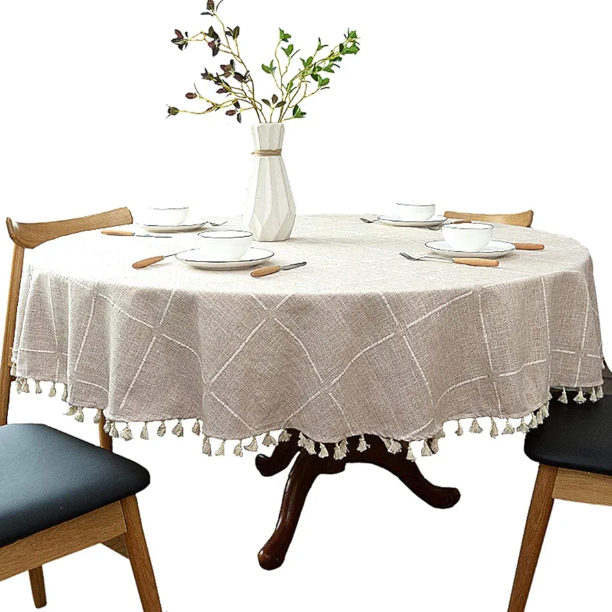 Heavy Weight Cotton Linen Tablecloth, Plaid Tassel Round Table Cover for Kitchen Dining Room Tabletop Decorations, Round - 63", Beige