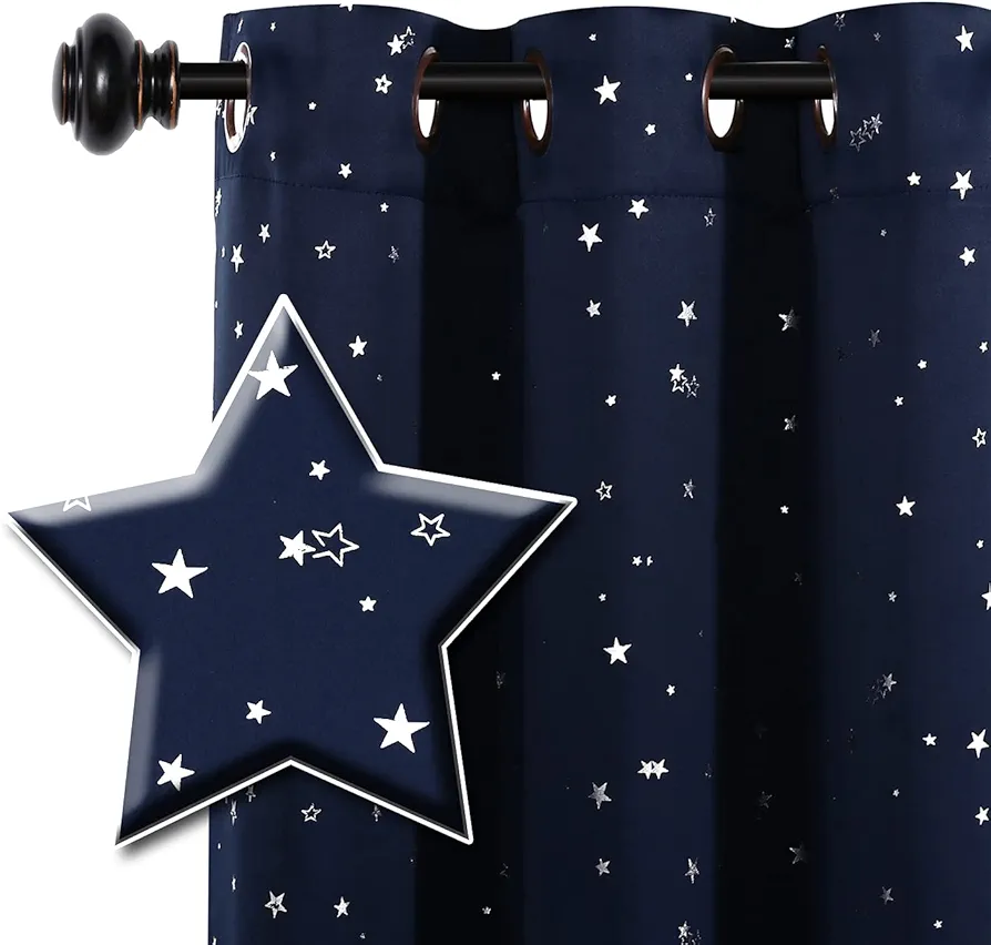 H.VERSAILTEX Blackout Star Curtains for Kids Room Boys Girls Twinkle Silver Stars Thermal Insulated Cute Thick Soft Curtain Drapes, Grommet Top, 1 Panel, 40" W x 63" L, Navy