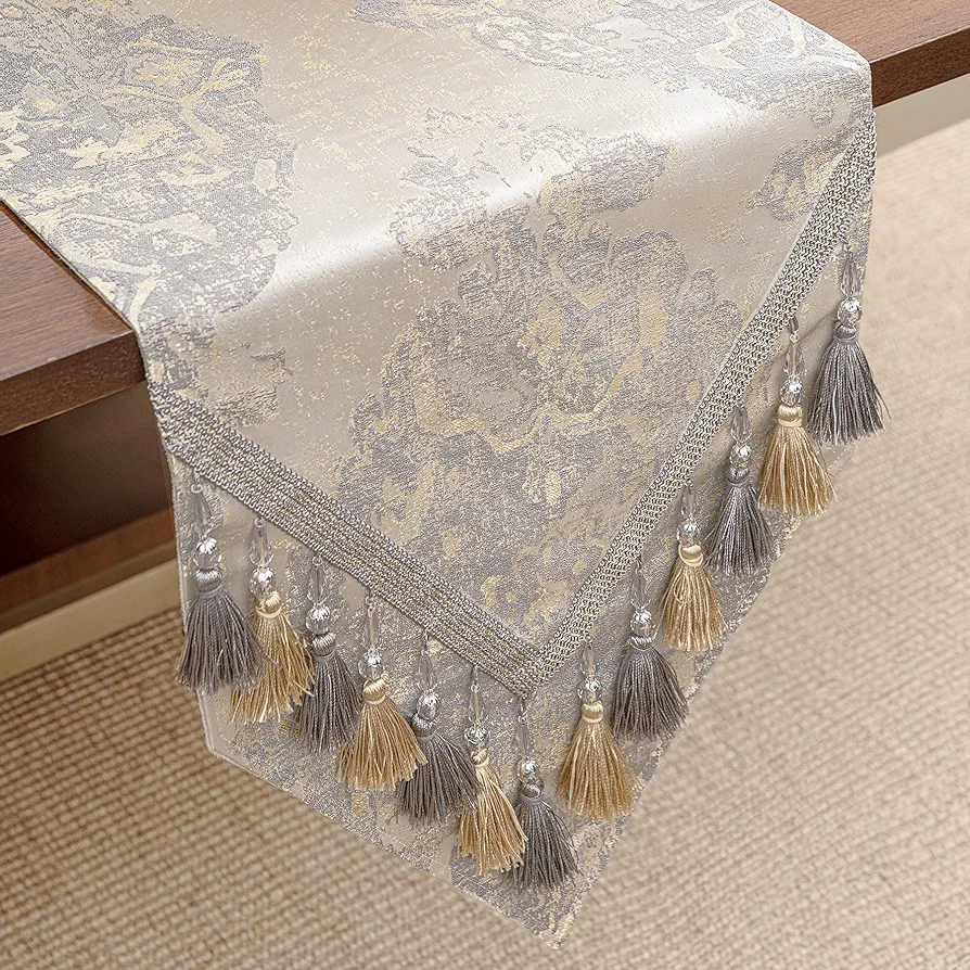 Loom and Mill Luxury Table Runner 72 inches Long, Elegant Damask Jacquard Table Runners with Handmade Multi-Tassels for Dining Room Dresser Party Holiday Banquet Decoration(Beige, 13x72 inch)