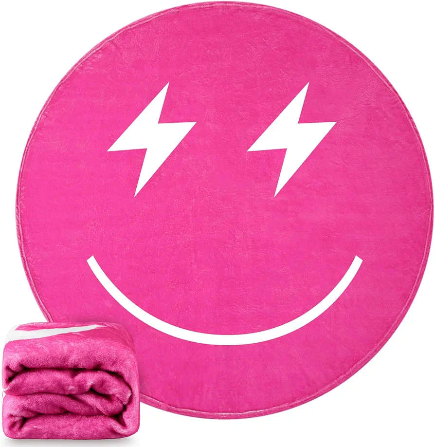 Preppy Throw Blanket Pink Smile Face Blanket Cute Flannel Soft Blanket Plush Fuzzy Pink Blanket Preppy Bedding Stuff for Kids Dormitory Living Room, 59.8 Inch