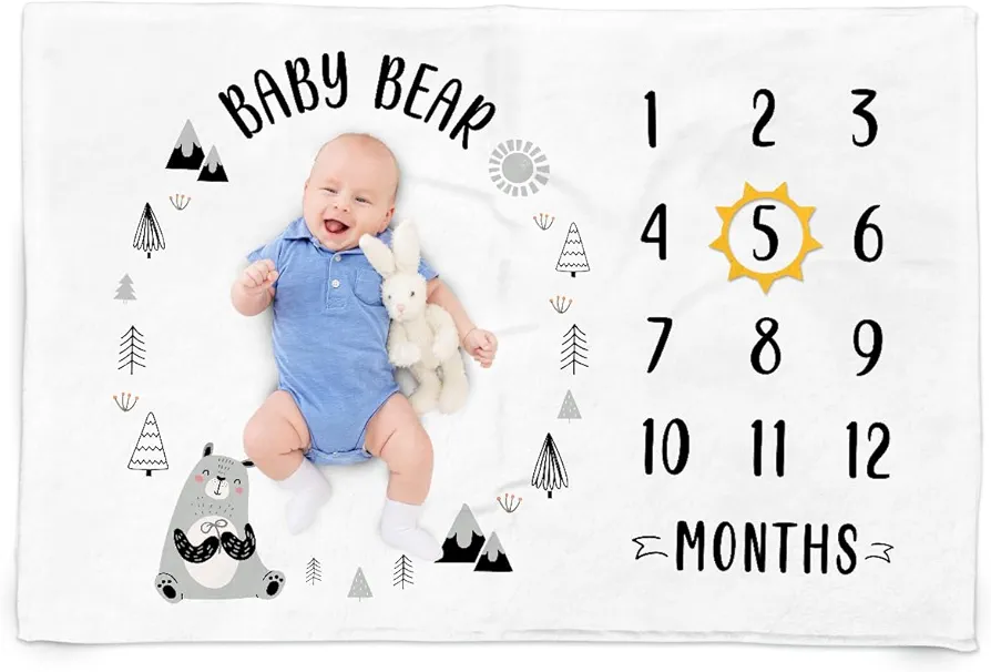 SANDJEST Baby Milestone Blanket - Baby Bear Monthly Baby Milestone Blanket for Baby Girl Boy 60x40 - Nursery Blankets for Newborn Infant Pictures - Gifts for Baby Shower Room Decor