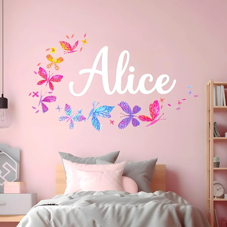 Personalized Name Butterfly Decor I Wall Decals for Girls Bedroom I Butterfly Pink Room Decor I Butterfly Decorations I Girls Room Decor with Rainbow Wall Decals I Multiple Size & Color Options