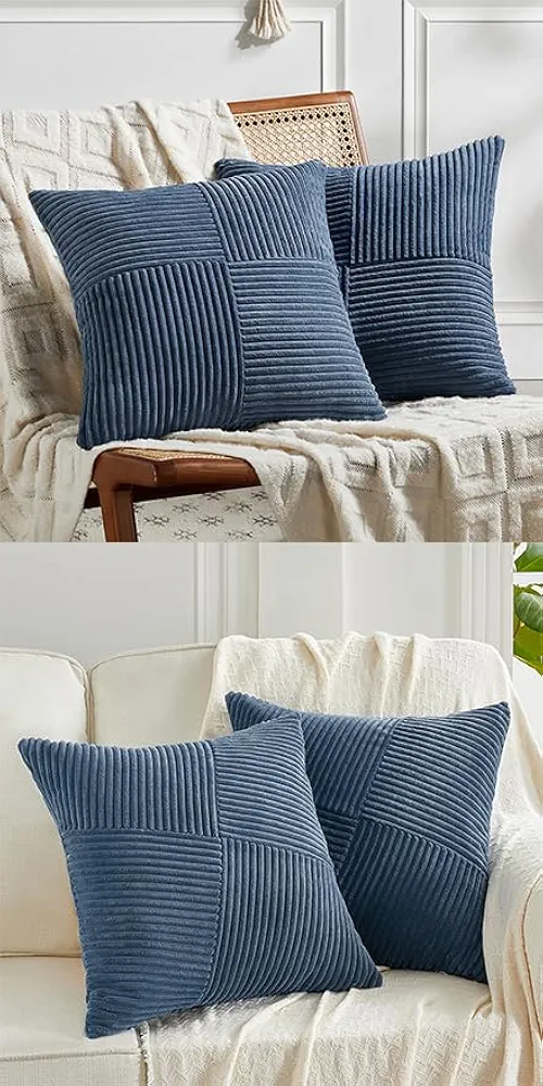 Fancy Homi 4 Packs Dusty Blue Decorative Throw Pillow Covers 20x20 Inch for Living Room Couch Bed Sofa, Rustic Farmhouse Boho Home Decor, Soft Corss Corduroy Patchwork Accent Cushion Case 50x50 cm