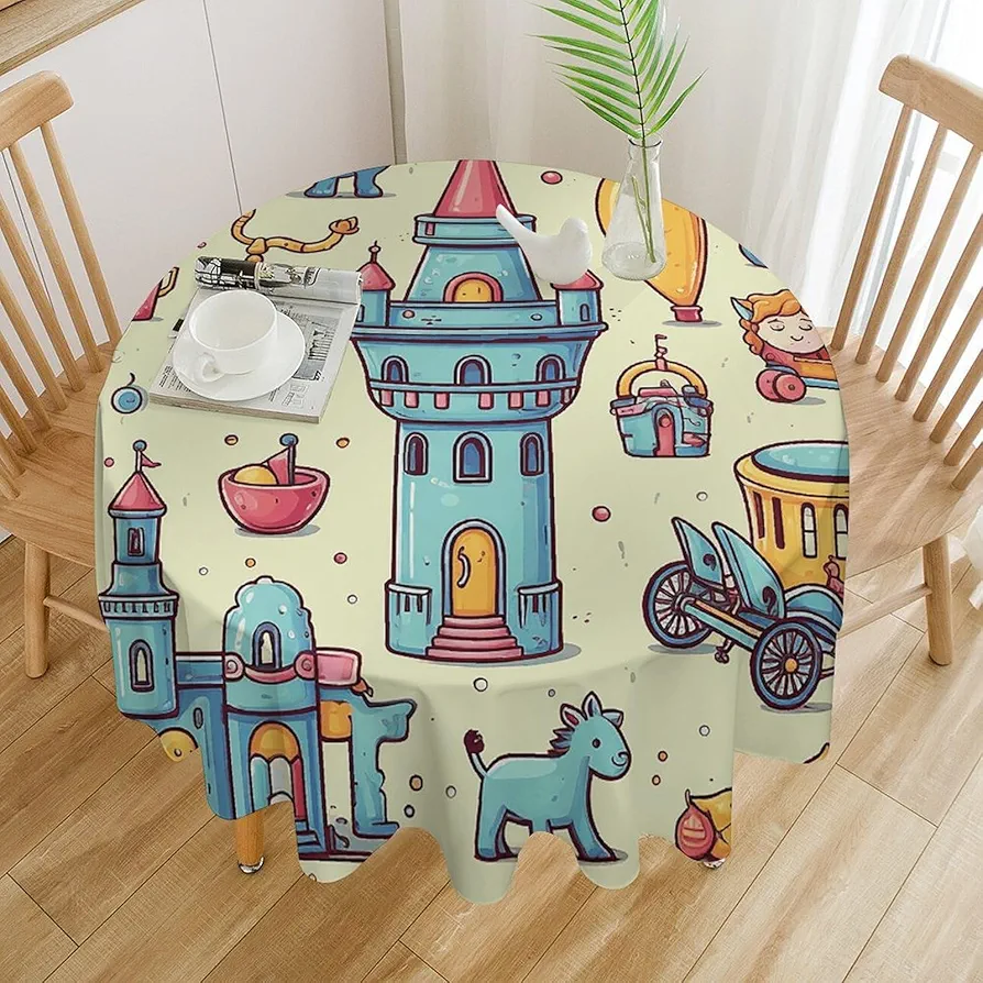 Hand Drawn Style Toys Tablecloth Waterproof Wrinkle Resistant Round Table Cover 36x36in Washable Table Cloth for Indoor Outdoor Kitchen Dining Room Holiday Decorative 60 Inch