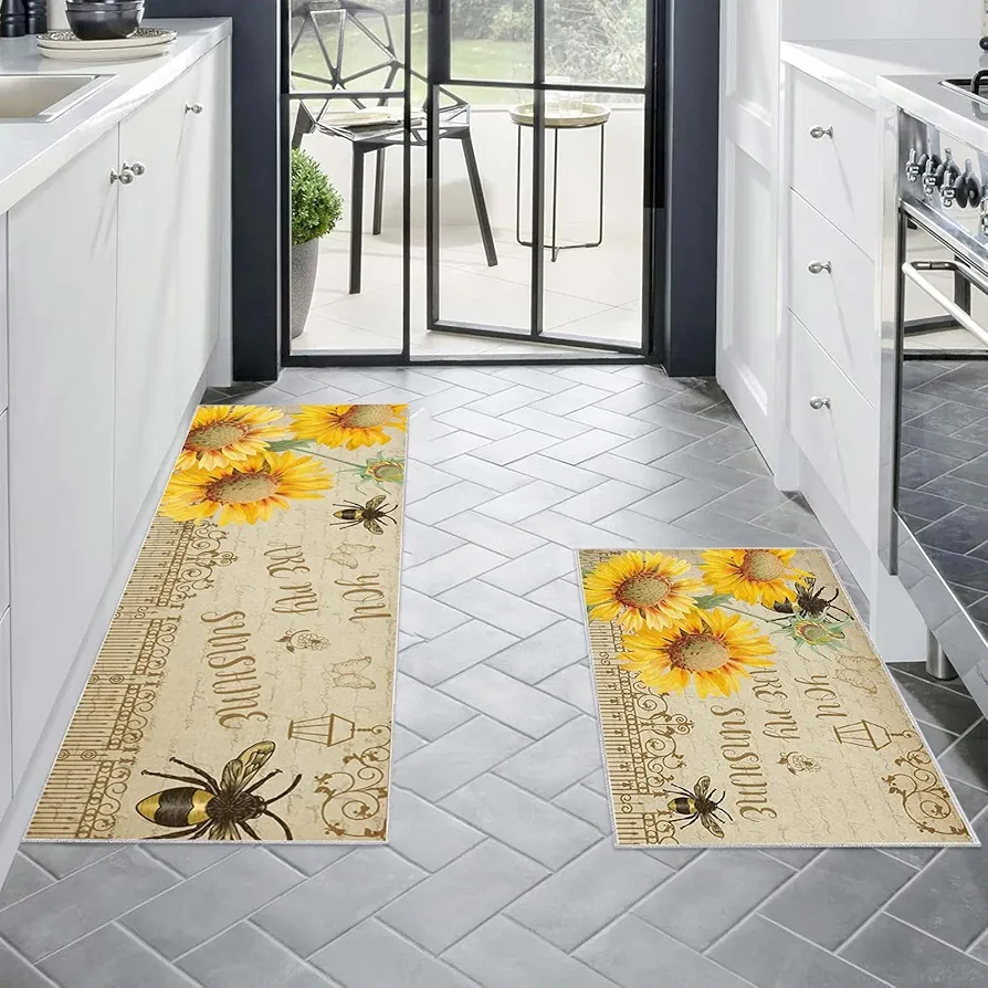 Bee Festival Kitchen Rugs and Mats Set of 2, Non Slip Summer Sunflower Sunshine Doormat, Washable Bee Happy Runner Carpet, Spring Decorative Mats for Home Laundry Room Bathroom Decoration (D)