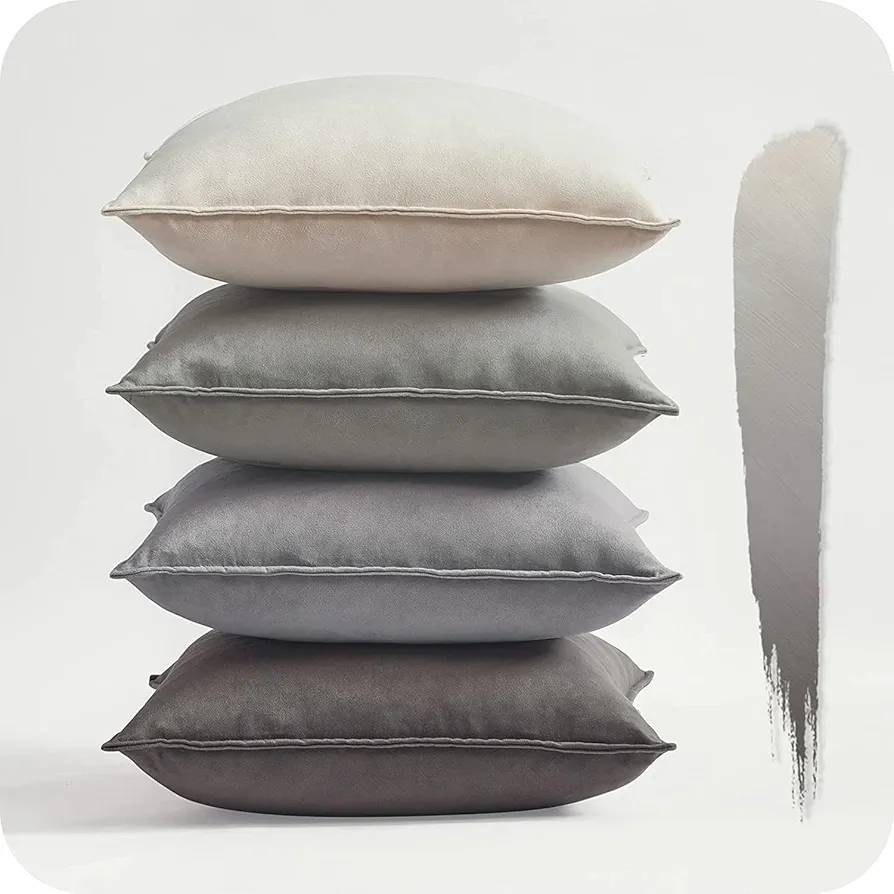 Topfinel Gray Throw Couch Pillows Covers for Living Room,Soft Velvet Square 18 Inches (18x18) Pillow Covers Set of 4,Grey Pillow Set Neutral Room Decor for Bed Sofa Chair