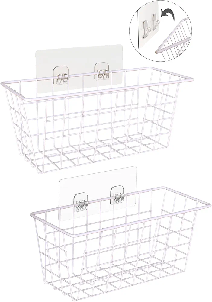 Hanging Kitchen Baskets For Storage Adhesive Small Wire Storage Baskets No Drilling Wall Mounted Shelf for Kitchen Pantry Room Cabinet Bathroom, 2 PACK, White