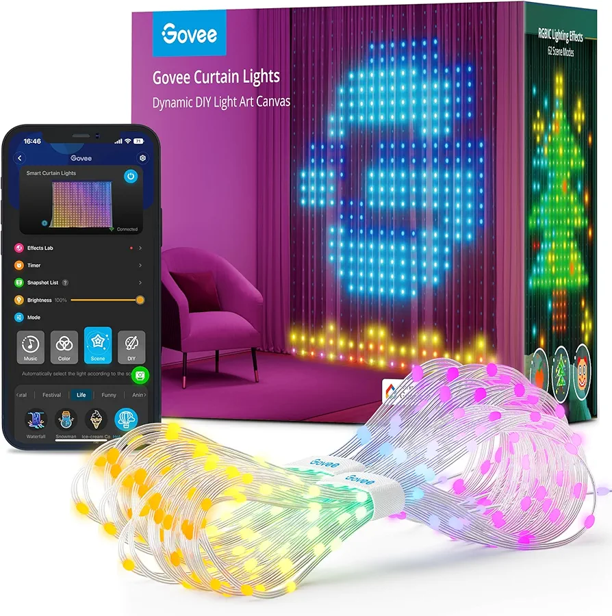 Govee Curtain Lights, Smart LED Curtain Lights, Color Changing Wall Lights, Dynamic DIY Curtain String Lights for Bedroom Living Room Backdrop Decor, Outdoor IP65 Waterproof, 5 x 6.6ft, 520 RGBIC LEDs