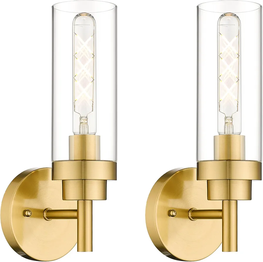 Emak Brushed Gold Sconces Wall Decor Set of 2, Modern Bathroom Light Fixtures Wall Sconce with Clear Glass Shade for Bathroom, Bedroom, Living Room, Hallway, WS085-BGD-2PK