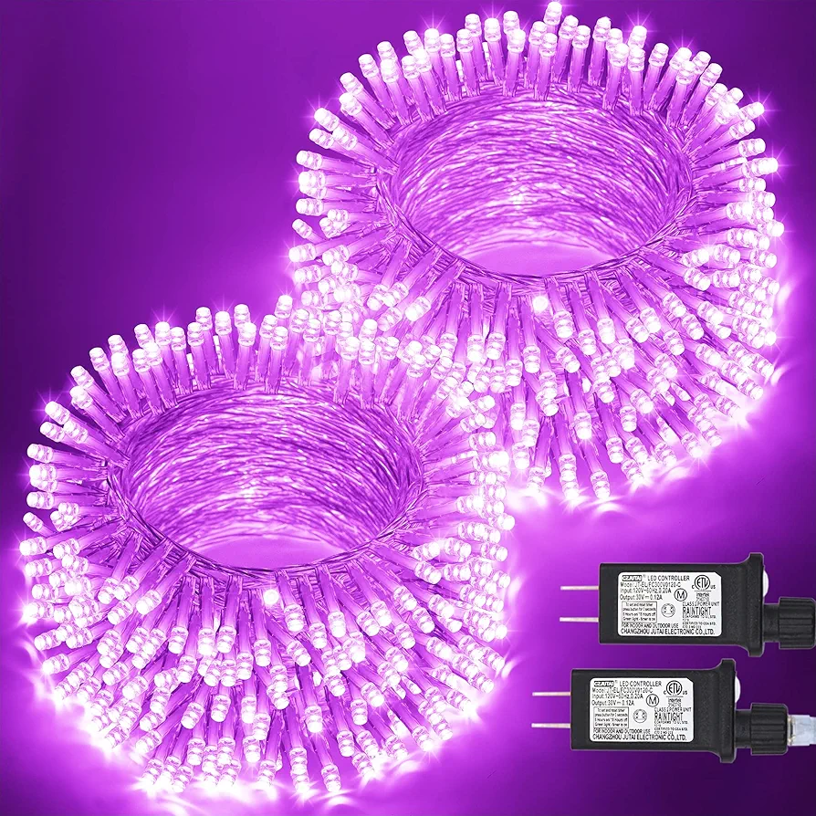 JMEXSUSS 2 Pack Purple String Lights, 100 LED Connectable Purple Christmas Lights Indoor Outdoor, 8 Modes Clear Wire Halloween Lights for Home Bedroom Tree Party Decorations