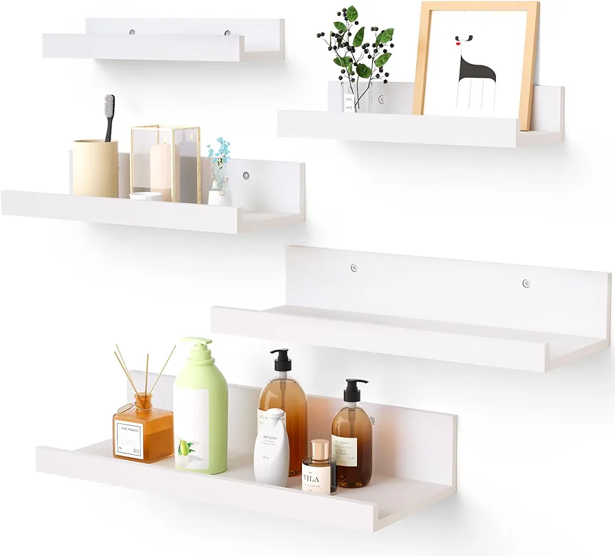 Upsimples Home Floating Shelves for Wall Decor Storage, Wall Shelves Set of 5, Wall Mounted Wood Shelves for Bedroom, Living Room, Bathroom, Kitchen, Small Picture Ledge Shelves, White