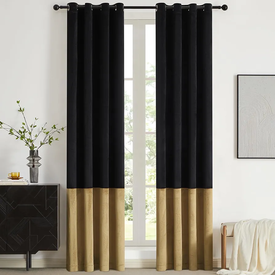 BULBUL Black Gold Color Block Window Curtains Panels 84 inches Long Velvet Farmhouse Drapes for Bedroom Living Room Darkening Treatment with Grommet Set of Black Gold