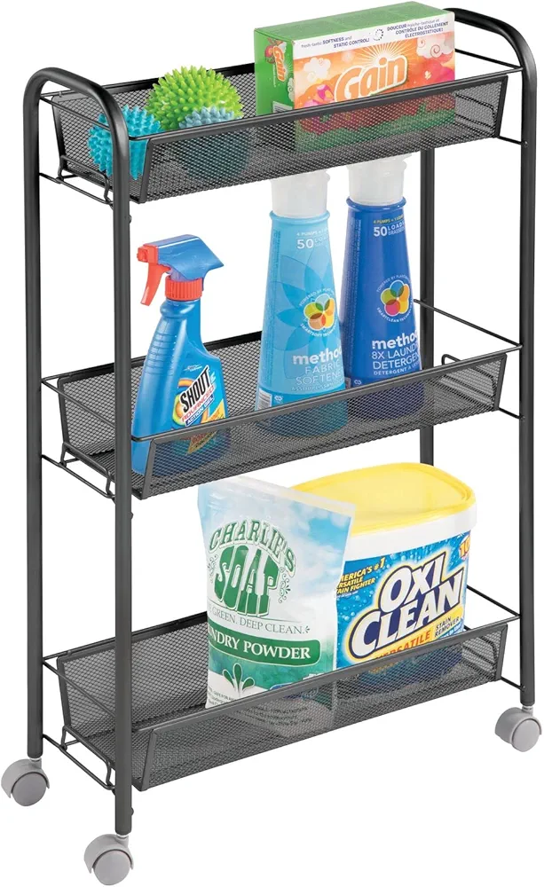 mDesign Steel Rolling Utility Cart Storage Organizer Trolley with 3 Basket Shelves for Laundry Room, Mudroom, Garage, Bathroom Organization - Holds Detergents, Hand Soap - Biro Collection, Black